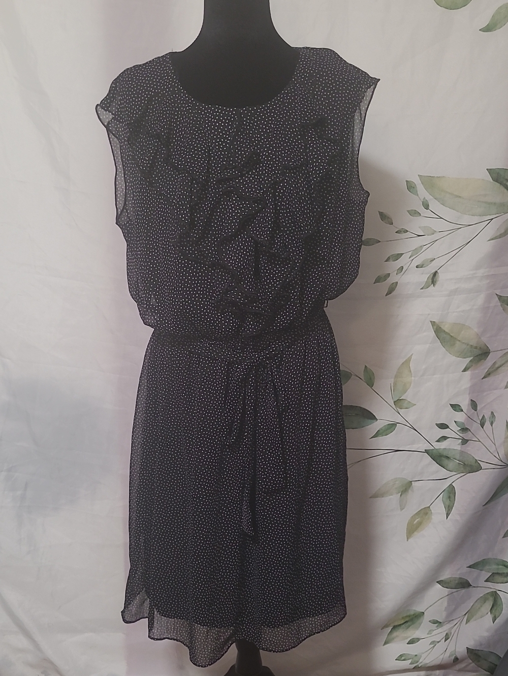 Roz & Ali Black Polka Dot Ruffle Tie-Waist Mini Dress